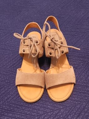 boc tan suede lace-front sandals